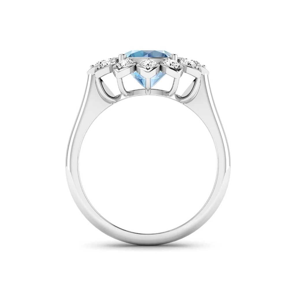 Fine Color Jewels Genuine Diamond and Aquamarine Halo Ring - Blue and white gemstone ring in sterling silver for her
