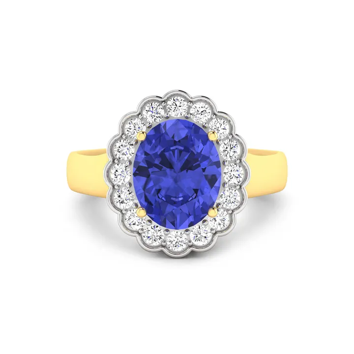 Fine Color Jewels Genuine Round Diamond and Oval Blue Tanzanite Halo Ring - 14k yellow gold ring for women