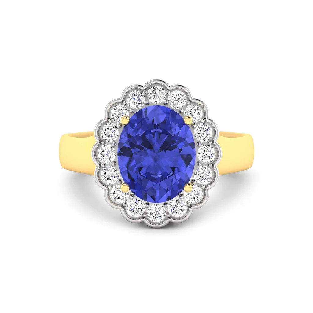 Fine Color Jewels Genuine Round Diamond and Oval Blue Tanzanite Halo Ring - 14k yellow gold ring for women