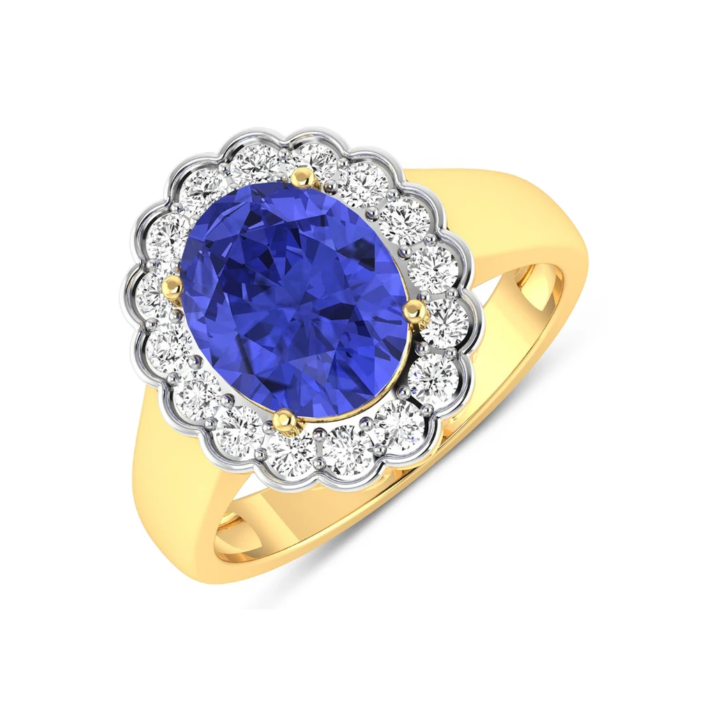Fine Color Jewels Genuine Round Diamond and Oval Blue Tanzanite Halo Ring - 14k yellow gold ring for women