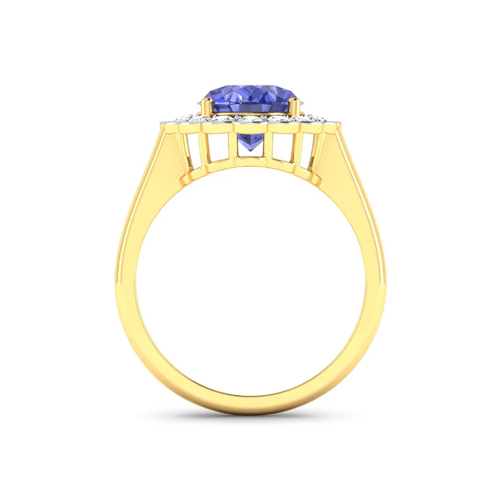 Fine Color Jewels Genuine Round Diamond and Oval Blue Tanzanite Halo Ring - 14k yellow gold ring for women