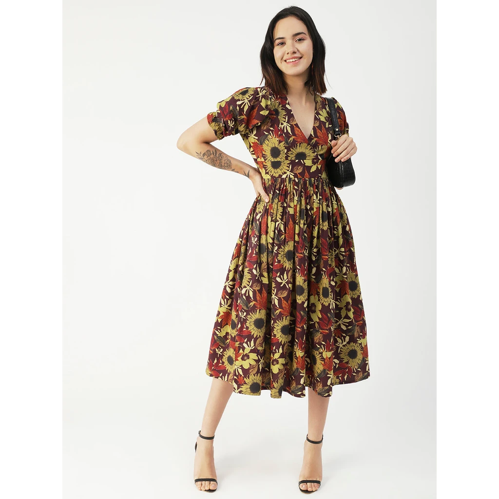 Moomaya Cotton Flared Dress, V-Neck Maxi