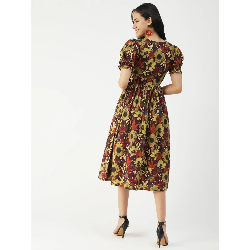 Moomaya Cotton Flared Dress, V-Neck Maxi