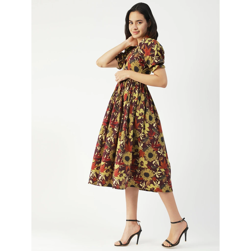 Moomaya Cotton Flared Dress, V-Neck Maxi