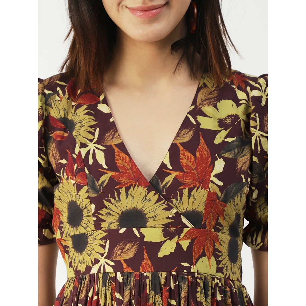 Moomaya Cotton Flared Dress, V-Neck Maxi
