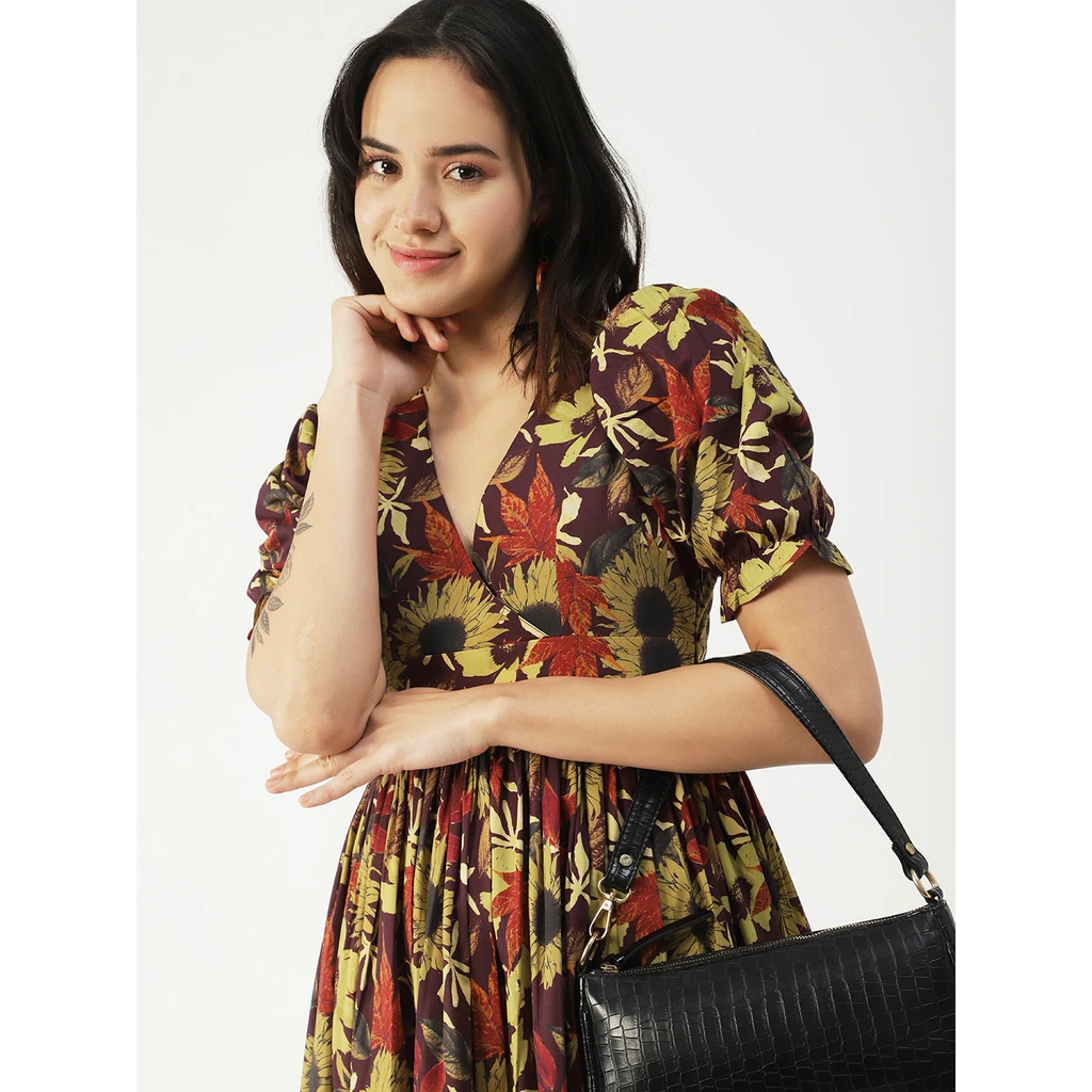 Moomaya Cotton Flared Dress, V-Neck Maxi