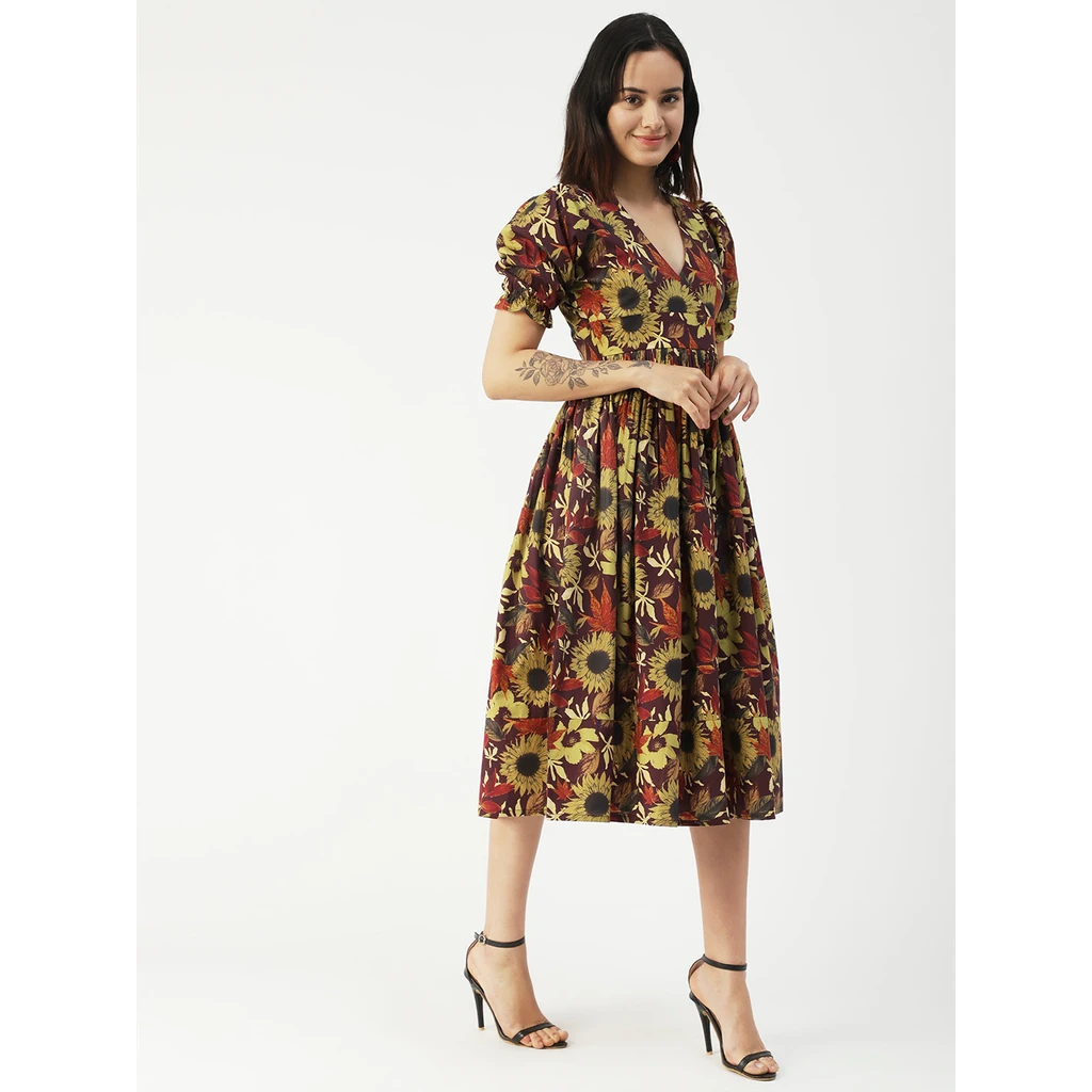 Moomaya Cotton Flared Dress, V-Neck Maxi