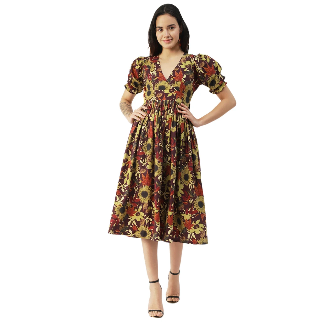 Moomaya Cotton Flared Dress, V-Neck Maxi