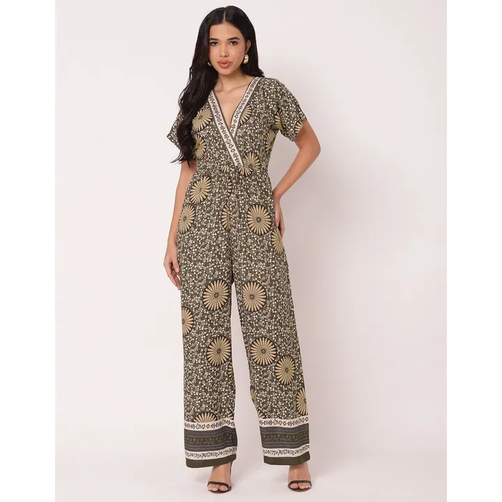 Moomaya Short Sleeve Full Leg Printed Rayon Jumpsuit