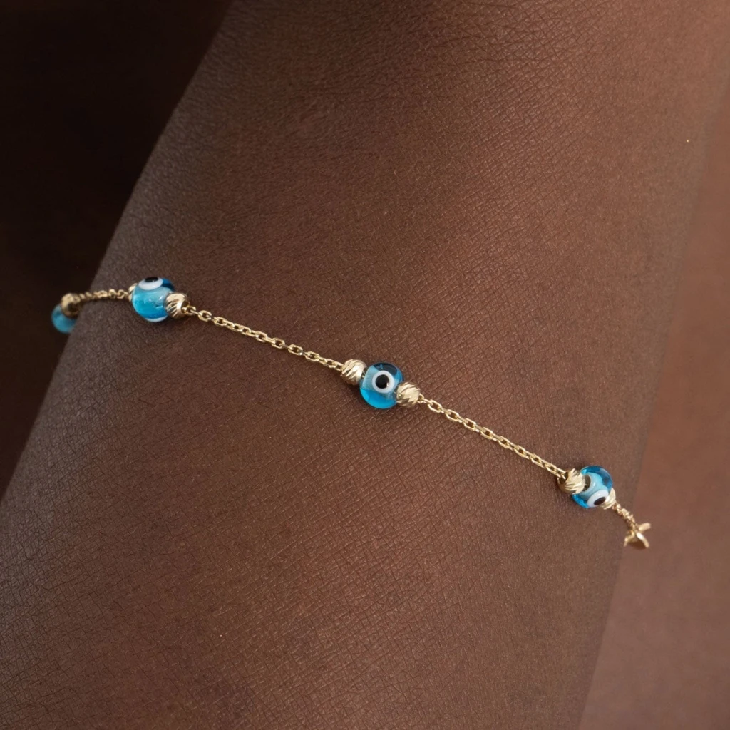 JCarat 14k Solid Gold Evil Eye Station Bracelet