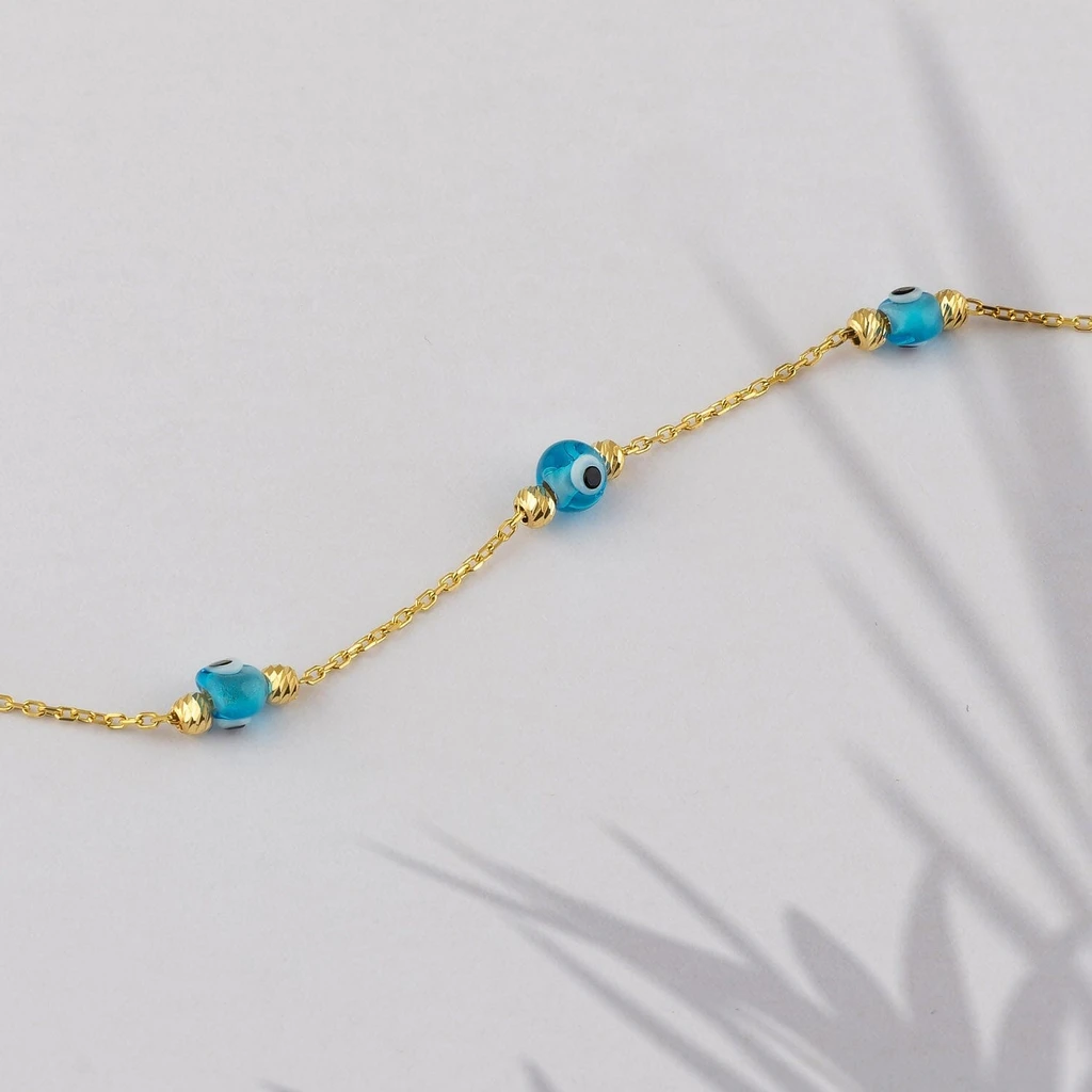 JCarat 14k Solid Gold Evil Eye Station Bracelet