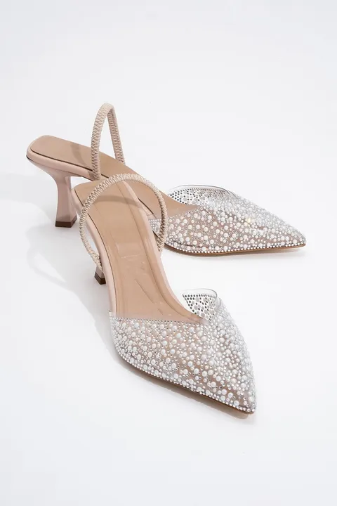 Forever & Always Shoes Whena - Clear Slingback Kitten Heels with Embellishments