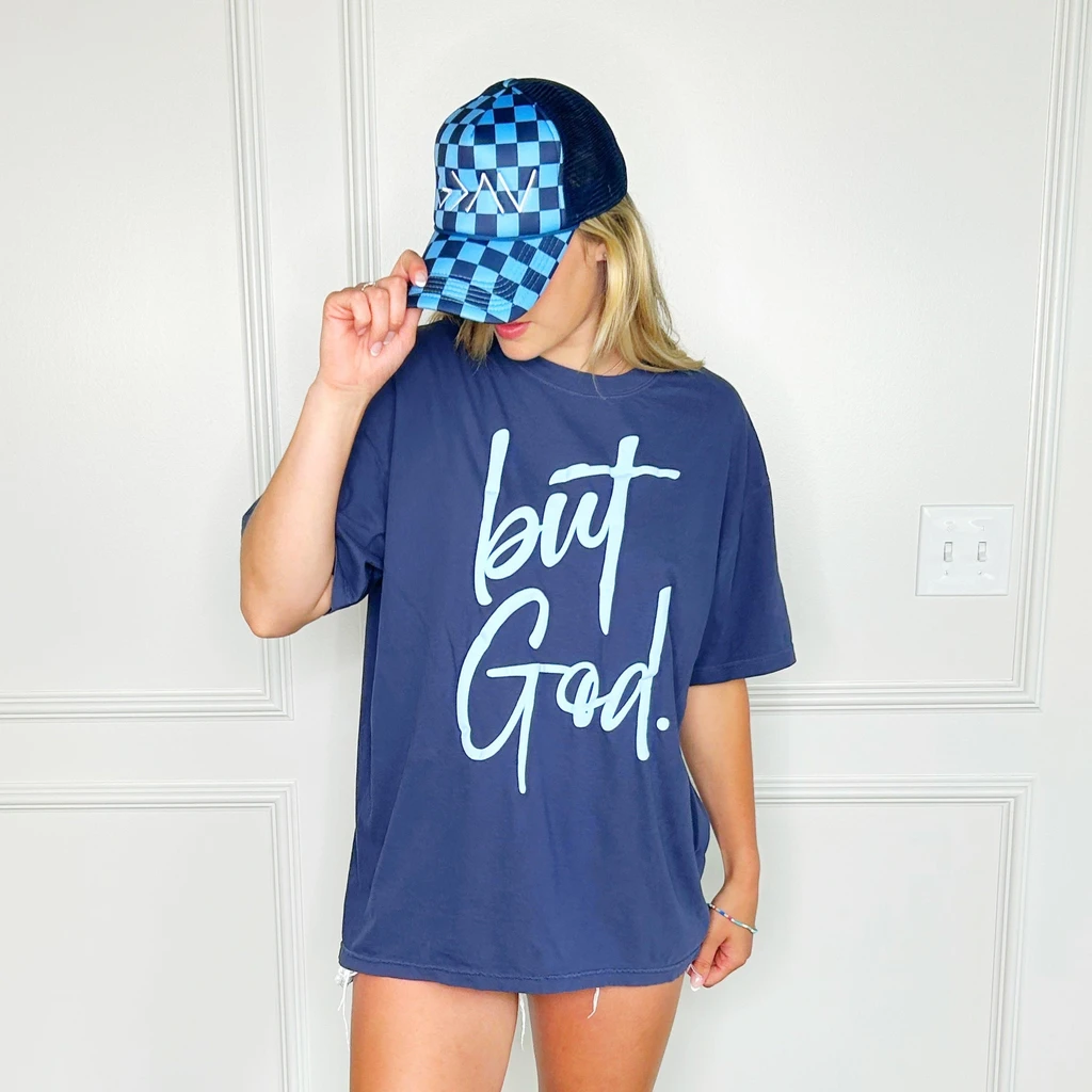 Poppy Pine Puff But God Denim Tee