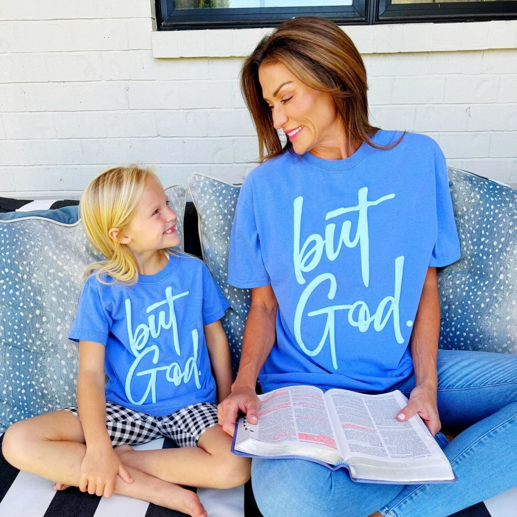 Poppy Pine Puff But God Denim Tee