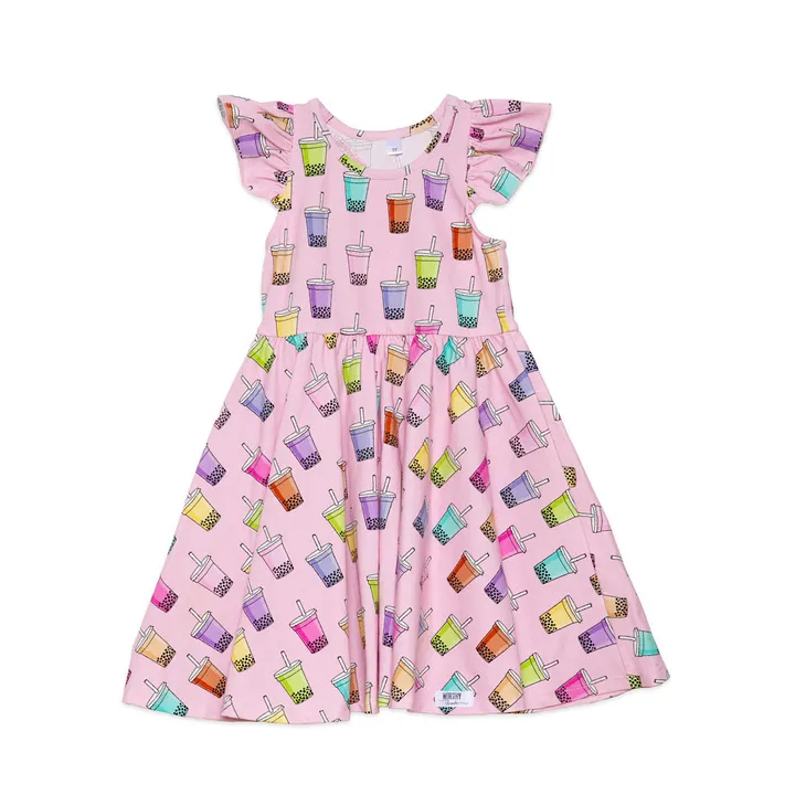 Worthy Threads Cotton/Spandex Racer Back Twirly Dress in a Sweet Boba Print