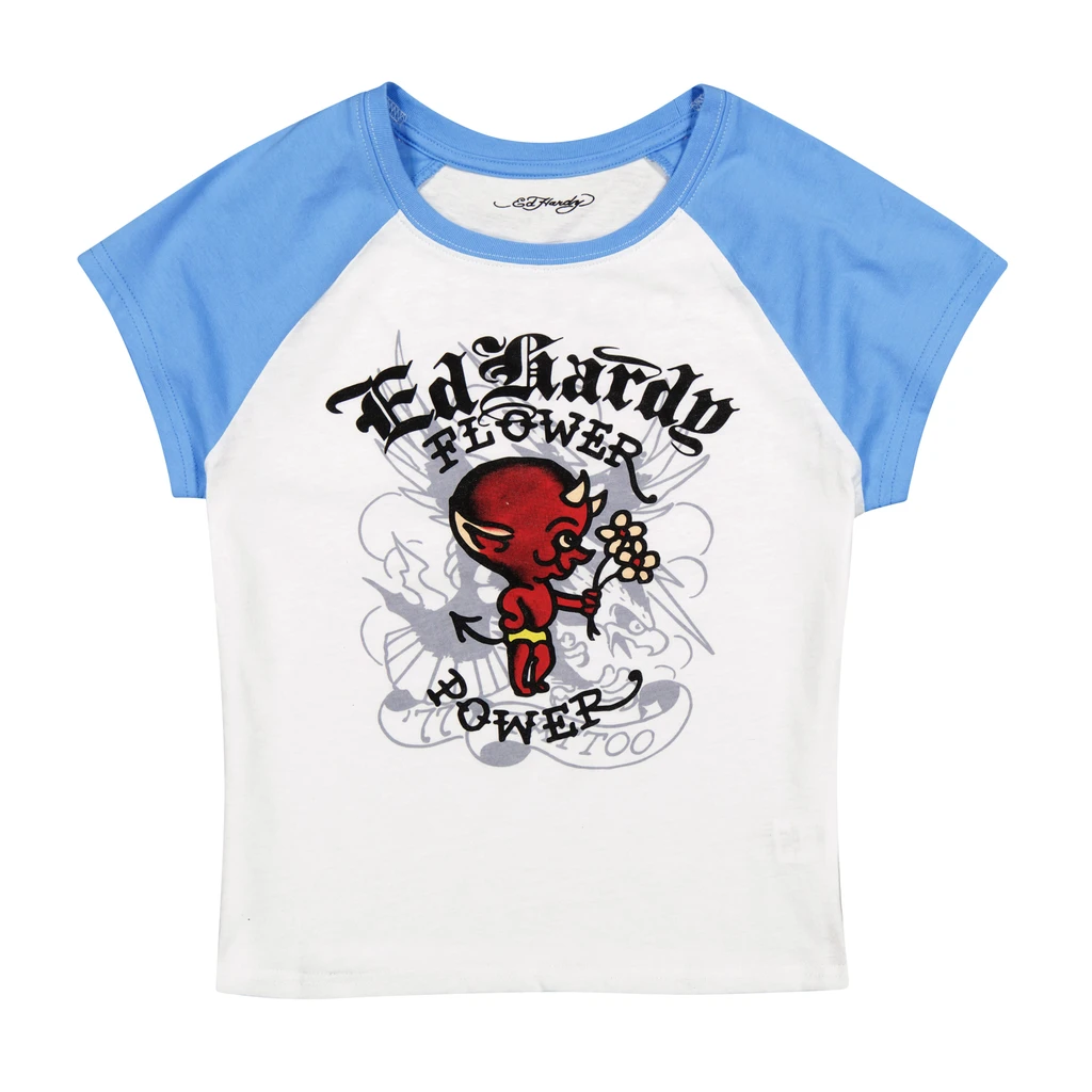 Ed Hardy Devil Flower Raglan Cap Sleeve Tee