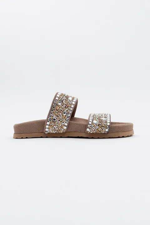 Forever & Always Shoes Jamie Leather Double Strap Slide Sandal With Stones