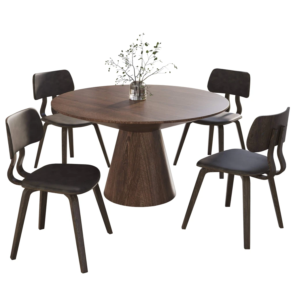 LeisureMod Fynix Dining Set With Round Wooden Table