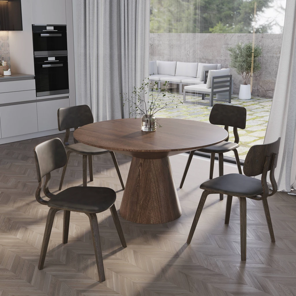LeisureMod Fynix Dining Set With Round Wooden Table