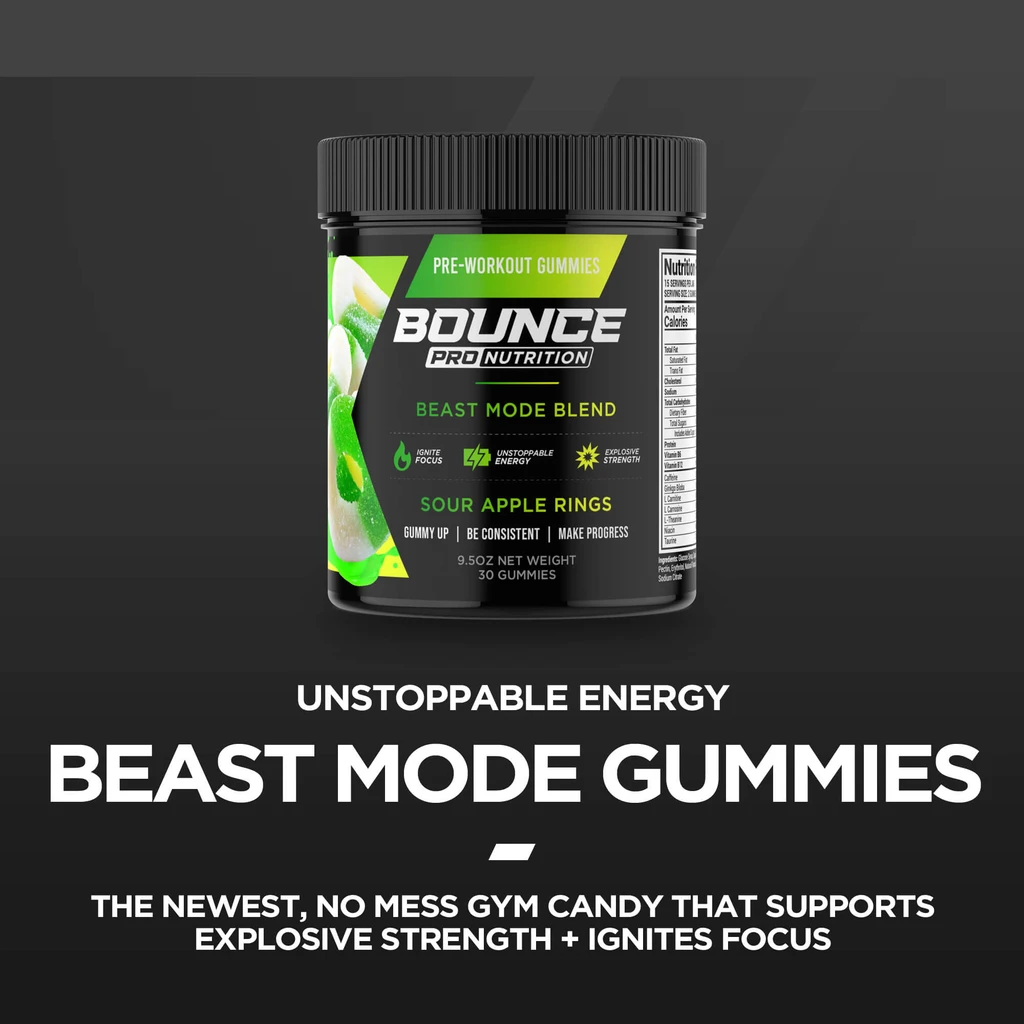 Bounce Nutrition Pre-Workout Gummies - Beast Mode - Sour Apple Rings