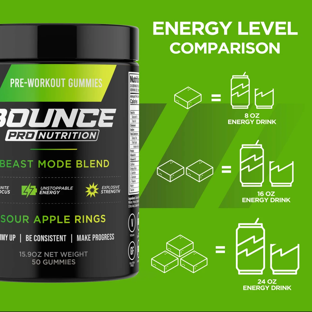 Bounce Nutrition Pre-Workout Gummies - Beast Mode - Sour Apple Rings