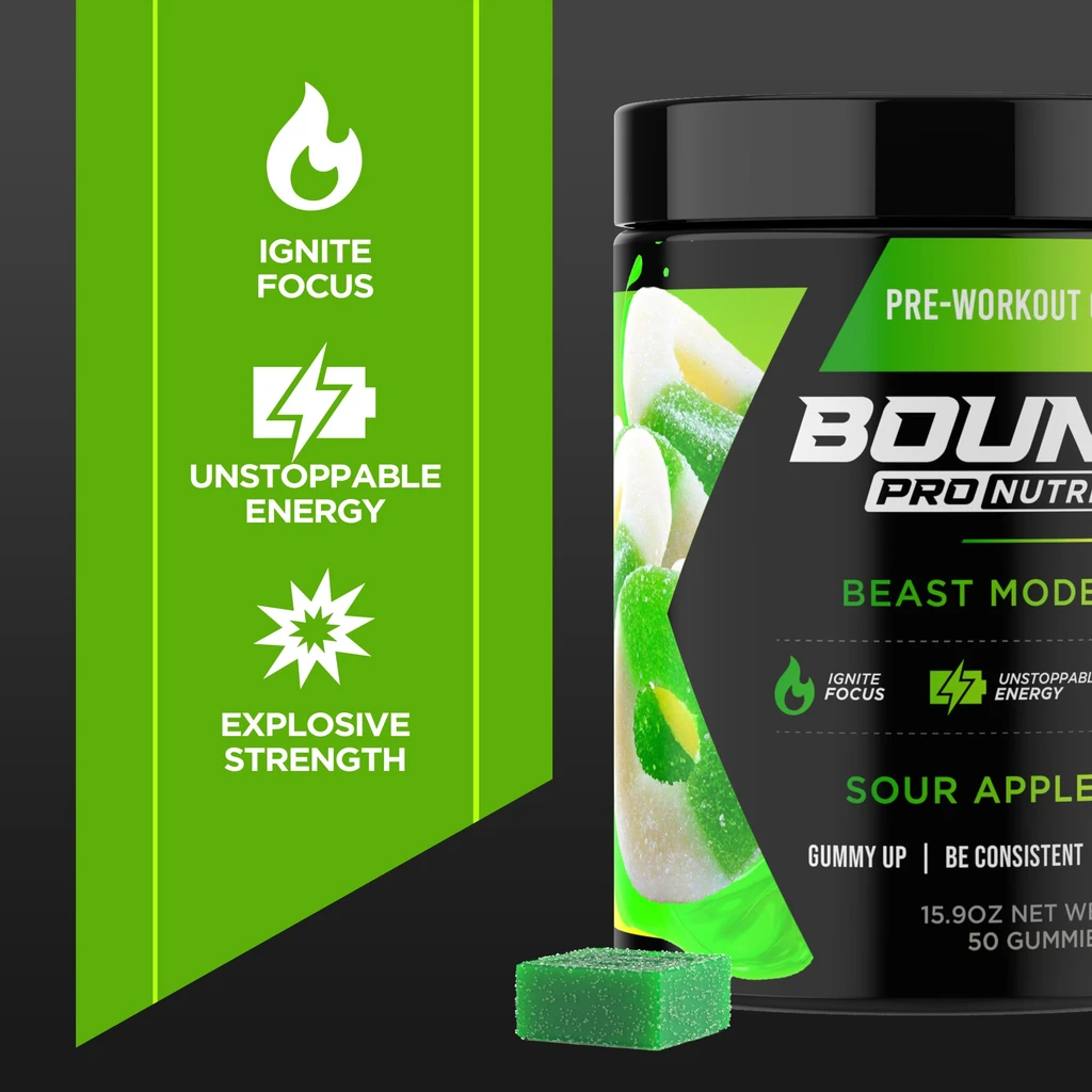 Bounce Nutrition Pre-Workout Gummies - Beast Mode - Sour Apple Rings