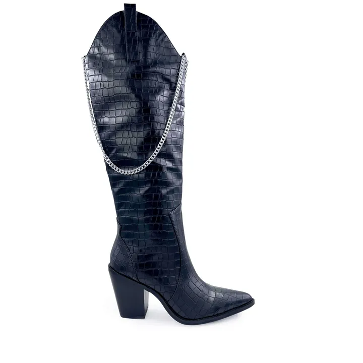Berness Dallas Croc-Embossed Chain Detail Knee High Cowboy Boots