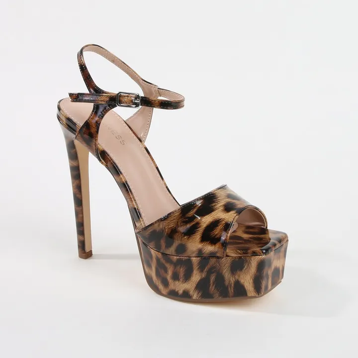 Berness Genevieve Leopard Print Gloss Ankle Strap Platform Heels