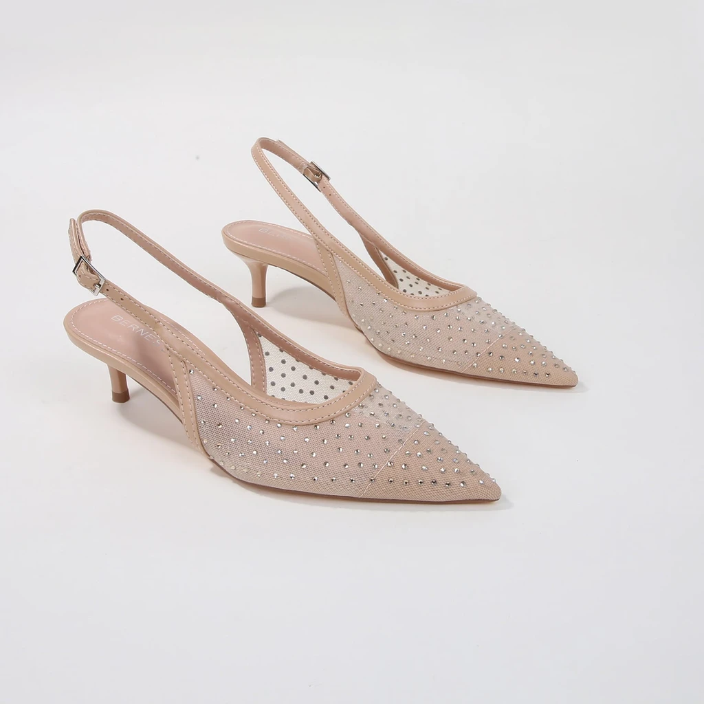 Berness Frida Mesh Rhinestone Slingback Kitten Heels
