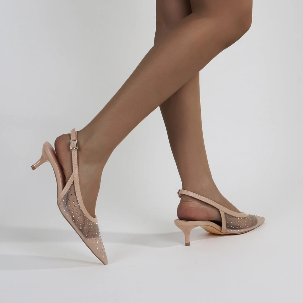 Berness Frida Mesh Rhinestone Slingback Kitten Heels