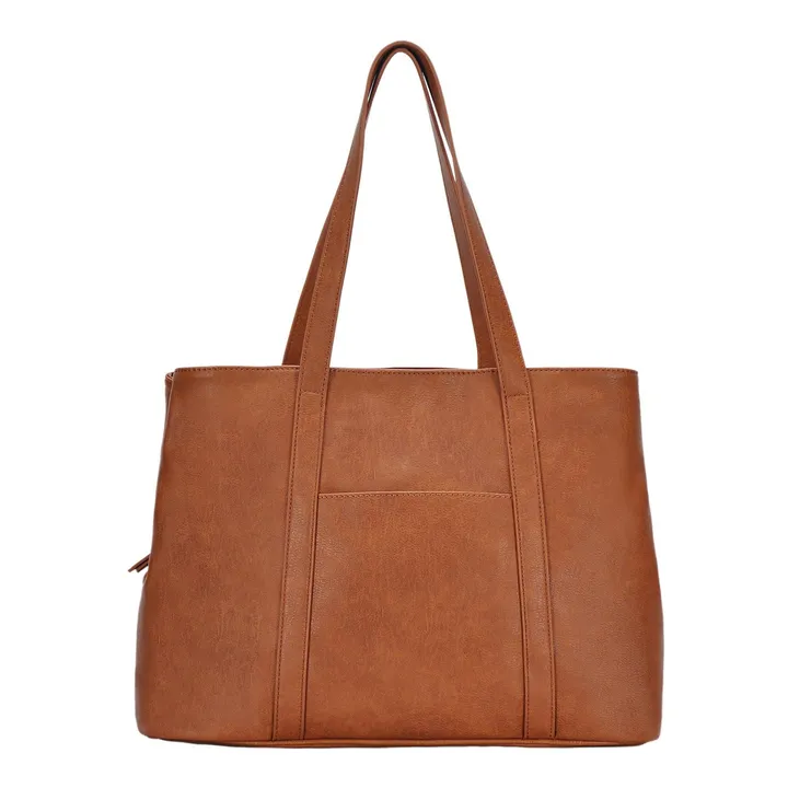 MMS Brands Aria Structured Tote – Cognac | Vegan Leather Work Bag with Padded Laptop Sleeve & Multi-Compartment Design