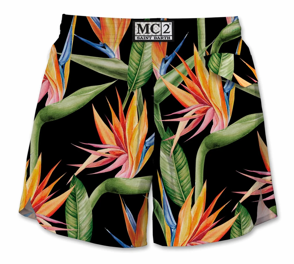 MC2 Saint Barth Mid-Length Black Swim Shorts with Flower Print