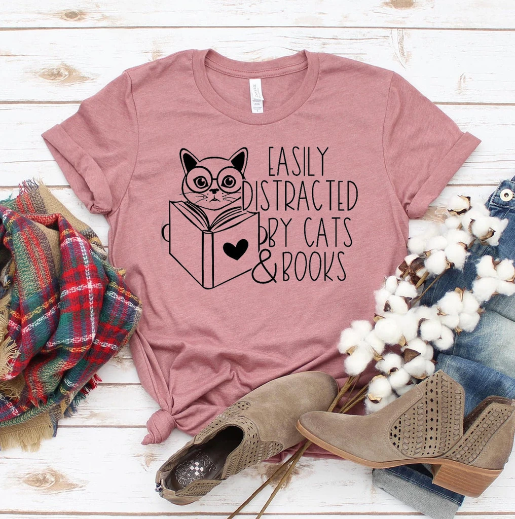 Furr Baby Gifts Easily Distracted By Cats & Books T-Shirt