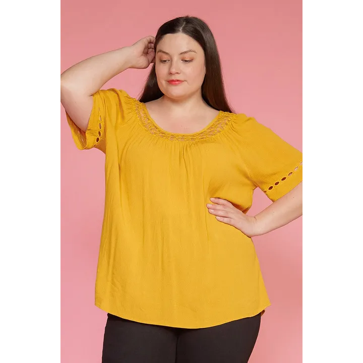 Shop at Konus Pleione Plus Size Pleated Short Sleeve Blouse Top