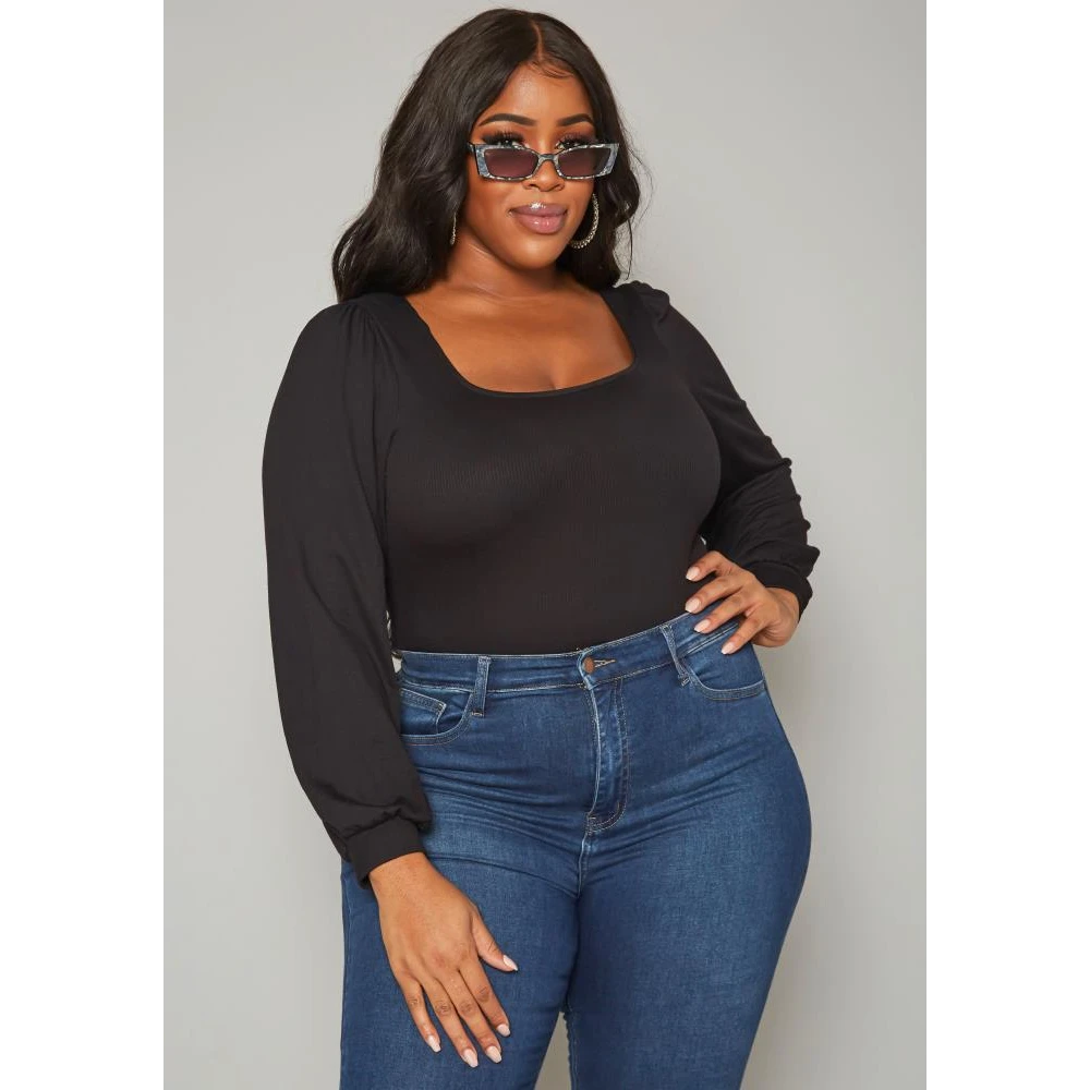 Shop at Konus Pleione Plus Size Women's Ribbed Square Neck Bodysuit