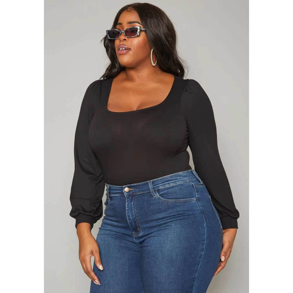 Shop at Konus Pleione Plus Size Women's Ribbed Square Neck Bodysuit