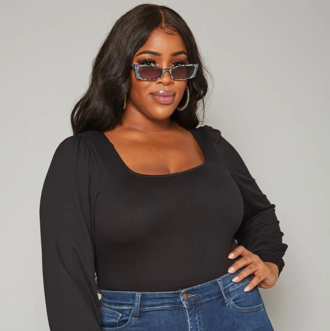 Shop at Konus Pleione Plus Size Women's Ribbed Square Neck Bodysuit