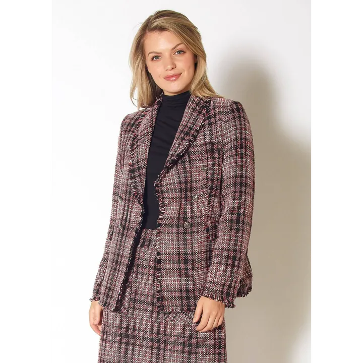Shop at Konus Pleione Fringe Hem Plaid Tweed Blazer