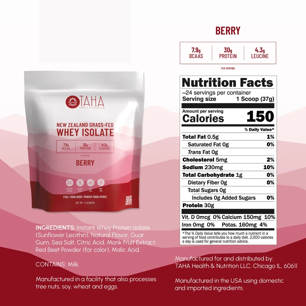 TAHA Health & Nutrition TAHA Health & Nutrition Berry Whey Protein Isolate Powder, 30g Protein, 7.9g BCAAs, 4.3g Leucine | New Zealand Free-Range, Grass-Fed Dairy | Gluten-Free, Keto, Kosher | 2LB, ~24 Servings