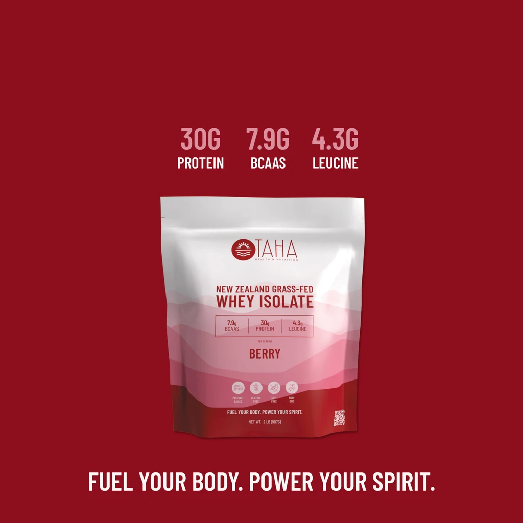 TAHA Health & Nutrition TAHA Health & Nutrition Berry Whey Protein Isolate Powder, 30g Protein, 7.9g BCAAs, 4.3g Leucine | New Zealand Free-Range, Grass-Fed Dairy | Gluten-Free, Keto, Kosher | 2LB, ~24 Servings