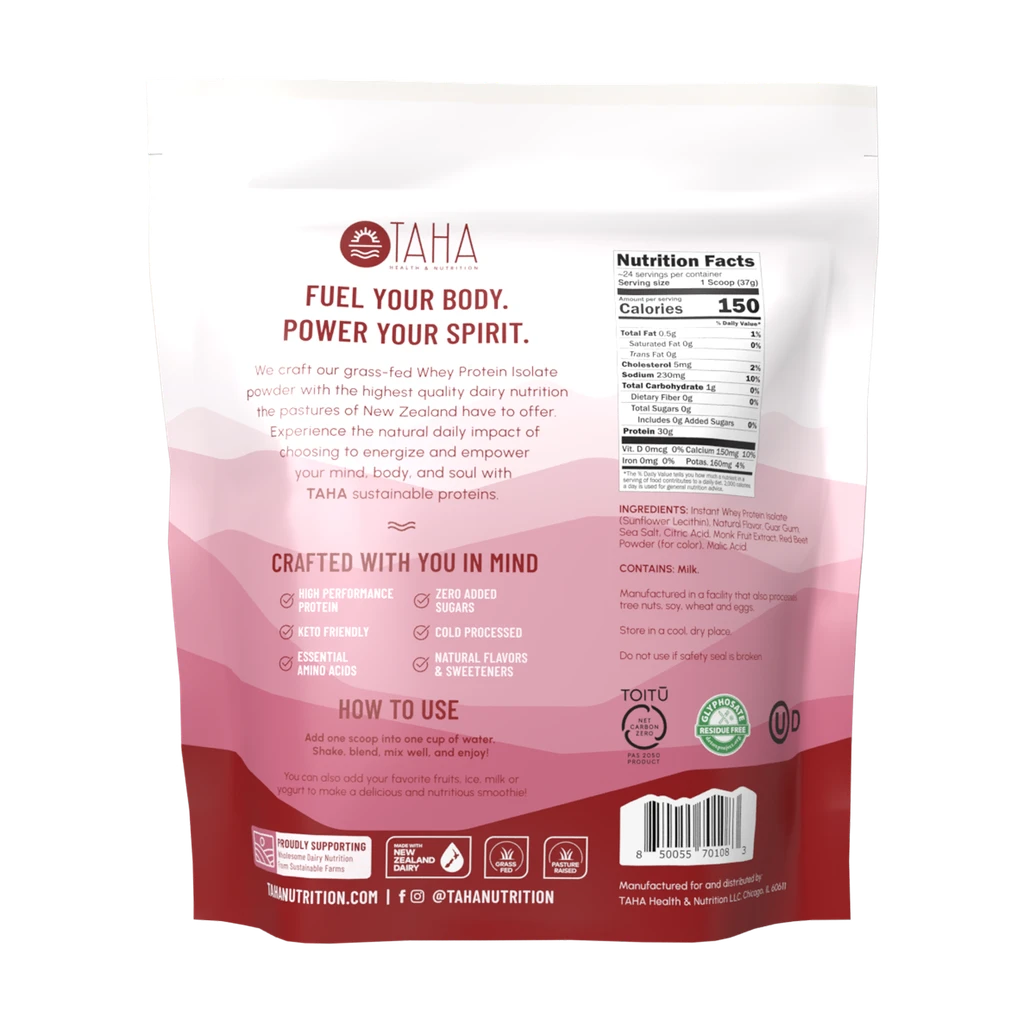 TAHA Health & Nutrition TAHA Health & Nutrition Berry Whey Protein Isolate Powder, 30g Protein, 7.9g BCAAs, 4.3g Leucine | New Zealand Free-Range, Grass-Fed Dairy | Gluten-Free, Keto, Kosher | 2LB, ~24 Servings