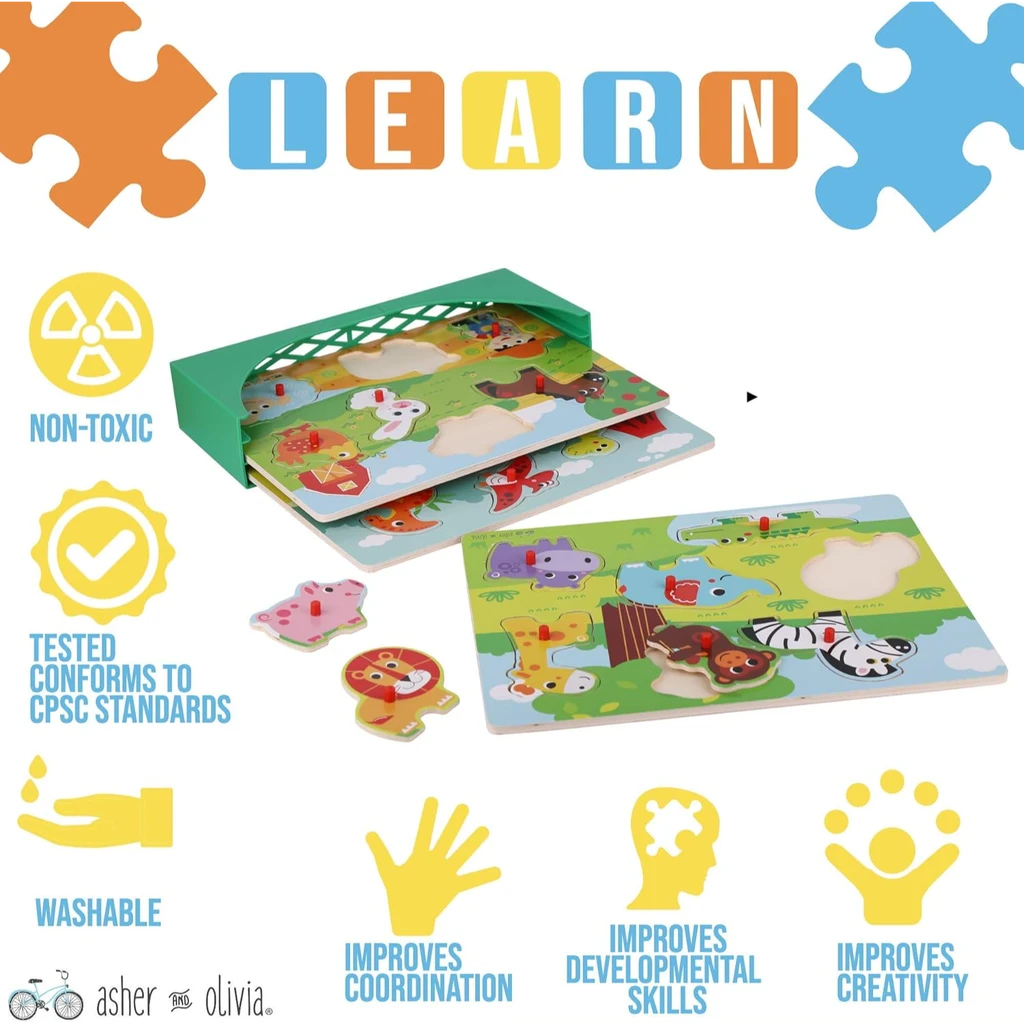 Asher and Olivia Wooden Toddler Puzzles and Rack Set
