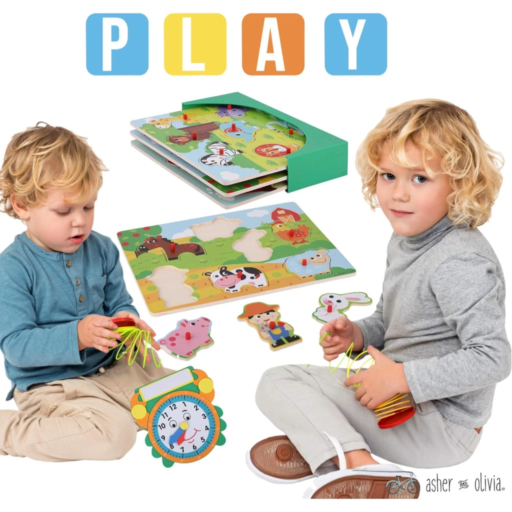 Asher and Olivia Wooden Toddler Puzzles and Rack Set