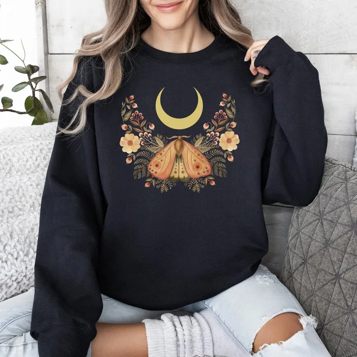Refinery Number One Mystical Moth and Moon, Enchanted Floral Night Sky Sweatshirt