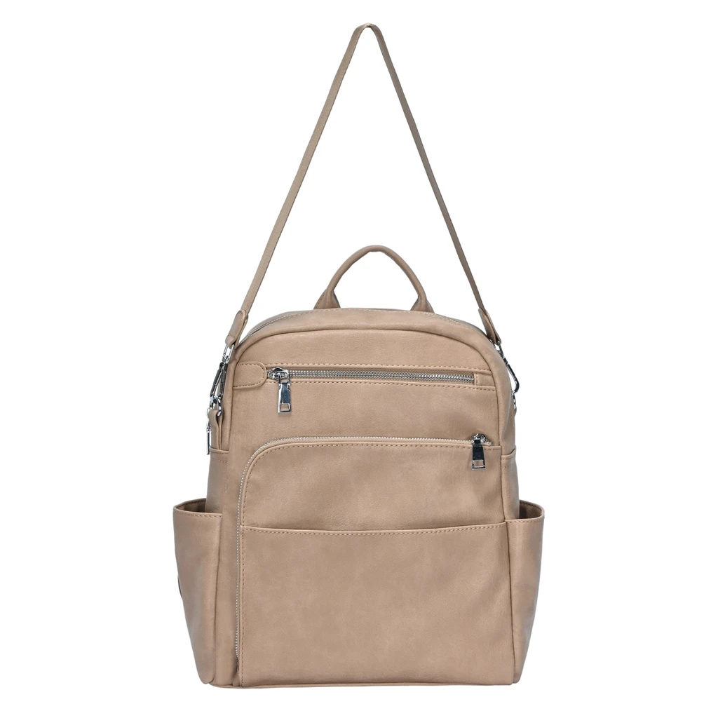 MMS Brands Willa Vegan Leather Utilitarian Backpack – Camel | Mid-Sized, Multi-Strap, Tablet Sleeve, Everyday Versatility