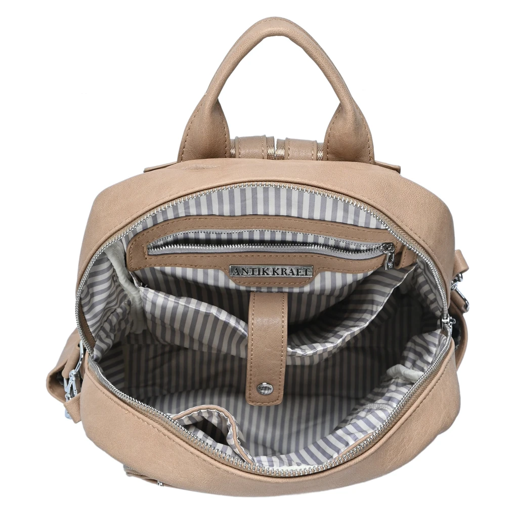 MMS Brands Willa Vegan Leather Utilitarian Backpack – Camel | Mid-Sized, Multi-Strap, Tablet Sleeve, Everyday Versatility