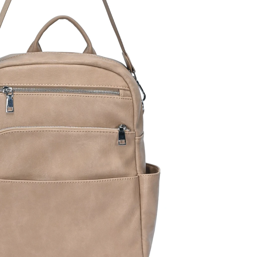 MMS Brands Willa Vegan Leather Utilitarian Backpack – Camel | Mid-Sized, Multi-Strap, Tablet Sleeve, Everyday Versatility
