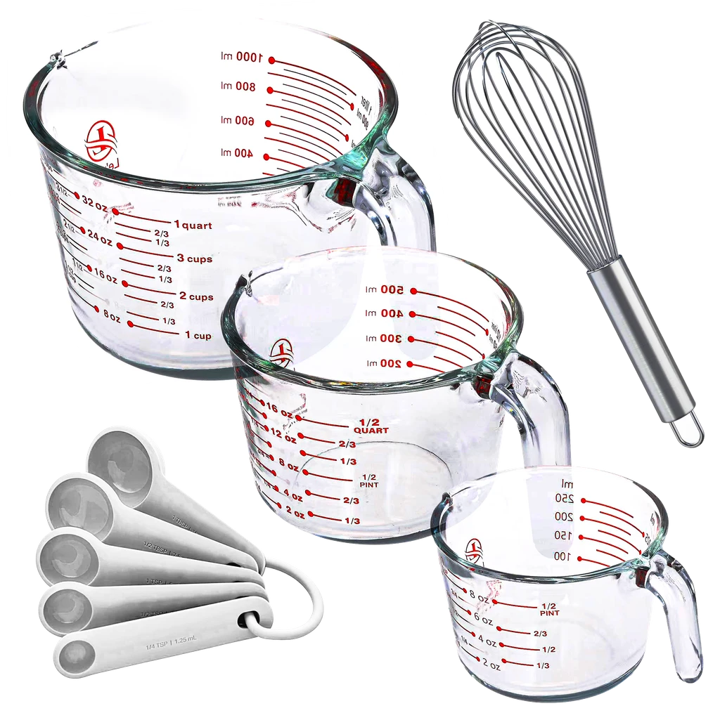 Le'raze Decor Glass Measuring Cups with Spoon & Whisk – Kitchen Mixing Bowl
