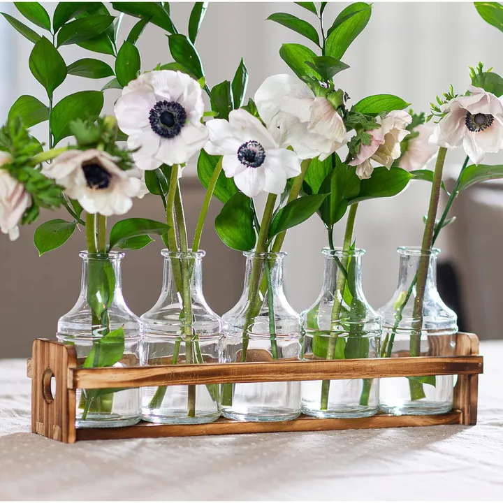 Le'raze Decor Glass Flower Vase With Wooden Holder, & 5 Bud Vases For Flowers