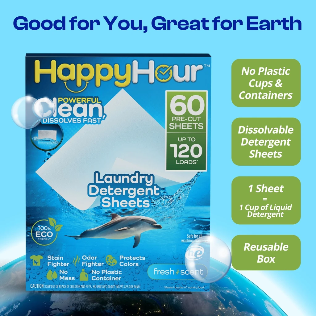 Bell + Howell Happy Hour Laundry Detergent Sheets up to 120 Loads, Non Toxic, for Sensitive Skin, Recyclable, Eco-Friendly